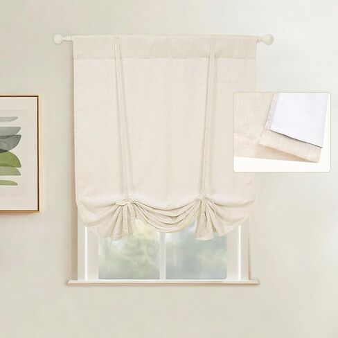 Showgeous Double Layer Linen Blackout Tie Up Curtains Beige Balloon Shade for Small Window Thermal Insulated Fully Lined Balloon Curtains for Bathroom Kitchen(Rod Pocket Panel,25" W x 47" L,Set of 1) in Saudi Arabia