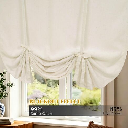 Showgeous Double Layer Linen Blackout Tie Up Curtains Beige Balloon Shade for Small Window Thermal Insulated Fully Lined Balloon Curtains for Bathroom Kitchen(Rod Pocket Panel,25" W x 47" L,Set of 1) in Saudi Arabia