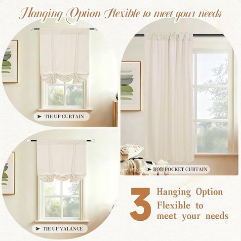 Showgeous Double Layer Linen Blackout Tie Up Curtains Beige Balloon Shade for Small Window Thermal Insulated Fully Lined Balloon Curtains for Bathroom Kitchen(Rod Pocket Panel,25" W x 47" L,Set of 1) in Saudi Arabia