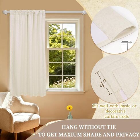 Showgeous Double Layer Linen Blackout Tie Up Curtains Beige Balloon Shade for Small Window Thermal Insulated Fully Lined Balloon Curtains for Bathroom Kitchen(Rod Pocket Panel,25" W x 47" L,Set of 1) in Saudi Arabia