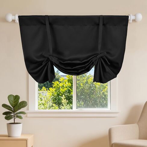 Showgeous Black Blackout Tie Up Curtain 42" Wide by 45" Long Balloon Shade for Small Window Thermal Insulated Balloon Curtains for Bathroom Kitchen Bedroom(Rod Pocket Panel, Set of 1) in Saudi Arabia