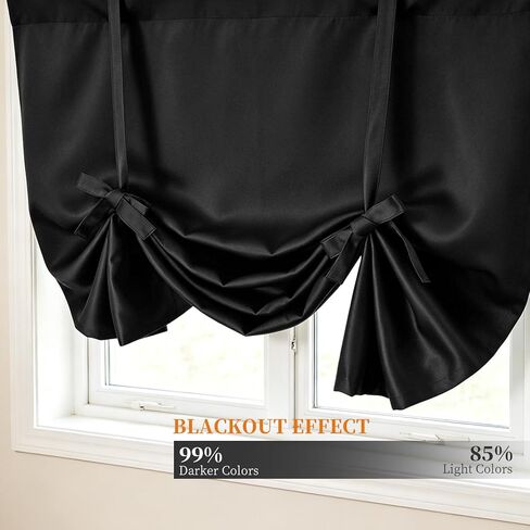 Showgeous Black Blackout Tie Up Curtain 42" Wide by 45" Long Balloon Shade for Small Window Thermal Insulated Balloon Curtains for Bathroom Kitchen Bedroom(Rod Pocket Panel, Set of 1) in Saudi Arabia