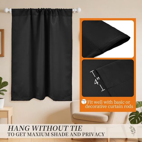 Showgeous Black Blackout Tie Up Curtain 42" Wide by 45" Long Balloon Shade for Small Window Thermal Insulated Balloon Curtains for Bathroom Kitchen Bedroom(Rod Pocket Panel, Set of 1) in Saudi Arabia
