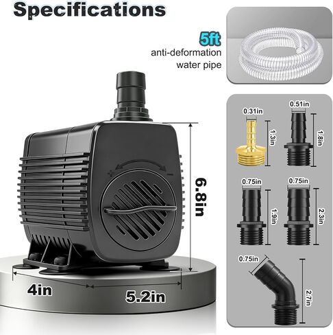 660GPH Submersible Water Pump 45W with 10ft Power Cord & Tubing, Ultra Quiet Fountain Pump with Overheat Protection for Fish Tank, Pond, Waterfall, Hydroponic Systems in Kuwait