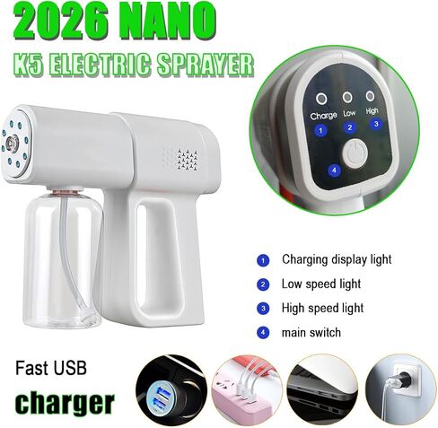 Atomizer Sprayer, Rechargeable Nano Mist Spray Gun with Blue Light, Portable Electrostatic ULV Fogger Machine, Cordless Handheld Atomizing Sprayer Device, Fine Mist Sprayer for Home, Office,Salon in Kuwait