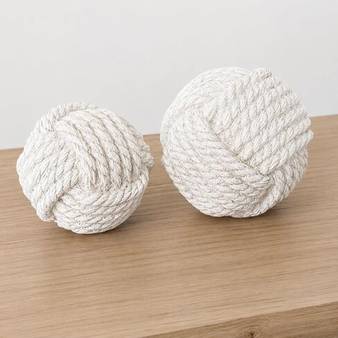 Nautical Resin Knots Balls, Set of 2 Coastal White and Beige, Monkey Fist Decorative Orbs for Coffee Table, Bookshelf & Desktop Staging in Kuwait