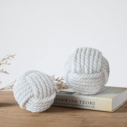 Nautical Resin Knots Balls, Set of 2 Coastal White and Beige, Monkey Fist Decorative Orbs for Coffee Table, Bookshelf & Desktop Staging in Kuwait