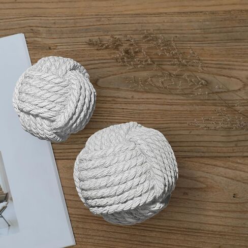Nautical Resin Knots Balls, Set of 2 Coastal White and Beige, Monkey Fist Decorative Orbs for Coffee Table, Bookshelf & Desktop Staging in Kuwait