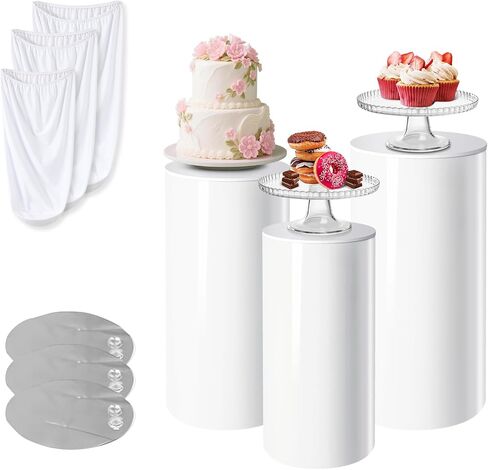 3 Pcs White PVC Cake Stand, Cylinder Pedestal Stands, Cylinder Stands for Party, with Weighted Water Bag & Spandex Cloth Cover for Wedding, Birthday Decor, 34.06''(L), 29.13''(M), 23.82''(S) in Kuwait