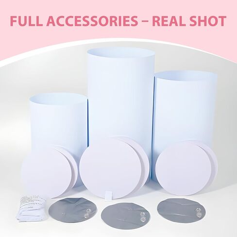 3 Pcs White PVC Cake Stand, Cylinder Pedestal Stands, Cylinder Stands for Party, with Weighted Water Bag & Spandex Cloth Cover for Wedding, Birthday Decor, 34.06''(L), 29.13''(M), 23.82''(S) in Kuwait