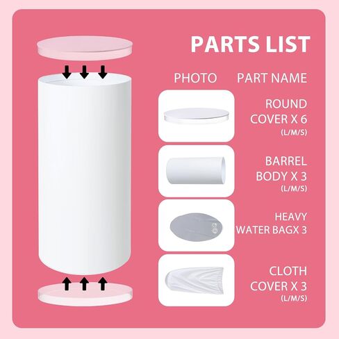 3 Pcs White PVC Cake Stand, Cylinder Pedestal Stands, Cylinder Stands for Party, with Weighted Water Bag & Spandex Cloth Cover for Wedding, Birthday Decor, 34.06''(L), 29.13''(M), 23.82''(S) in Kuwait