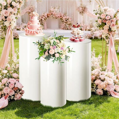 3 Pcs White PVC Cake Stand, Cylinder Pedestal Stands, Cylinder Stands for Party, with Weighted Water Bag & Spandex Cloth Cover for Wedding, Birthday Decor, 34.06''(L), 29.13''(M), 23.82''(S) in Kuwait