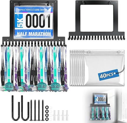 Race bib and Medal Display， Holds up to 50 Medals, 40 Race Bibs，Medal Hanger and Bib Marathon Medal Display Stand Provides Luxurious Gifts for Runners and Athletes in Kuwait