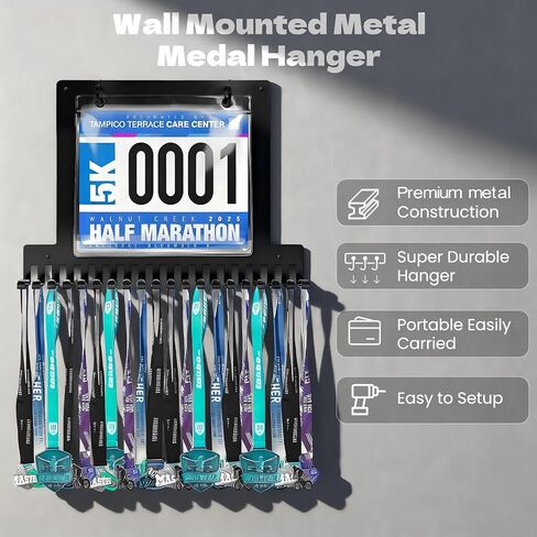 Race bib and Medal Display， Holds up to 50 Medals, 40 Race Bibs，Medal Hanger and Bib Marathon Medal Display Stand Provides Luxurious Gifts for Runners and Athletes in Kuwait