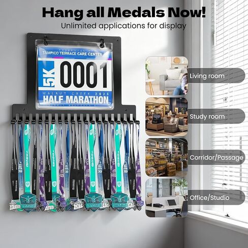 Race bib and Medal Display， Holds up to 50 Medals, 40 Race Bibs，Medal Hanger and Bib Marathon Medal Display Stand Provides Luxurious Gifts for Runners and Athletes in Kuwait