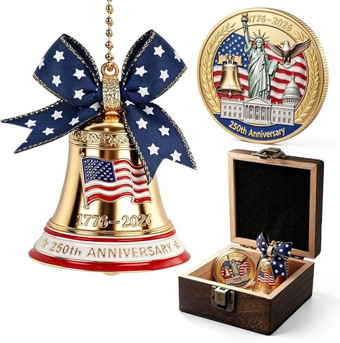 250th Anniversary USA Merchandise, 1776-2026 Bell Ornament and & Commemorative Coin Set with Wooden Gift Box, Independence Day Collectible for Home, Office, Holiday, Memorial Gift in Kuwait