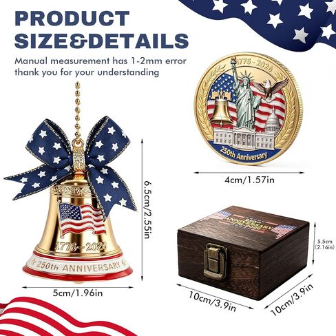250th Anniversary USA Merchandise, 1776-2026 Bell Ornament and & Commemorative Coin Set with Wooden Gift Box, Independence Day Collectible for Home, Office, Holiday, Memorial Gift in Kuwait