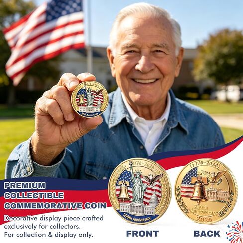 250th Anniversary USA Merchandise, 1776-2026 Bell Ornament and & Commemorative Coin Set with Wooden Gift Box, Independence Day Collectible for Home, Office, Holiday, Memorial Gift in Kuwait
