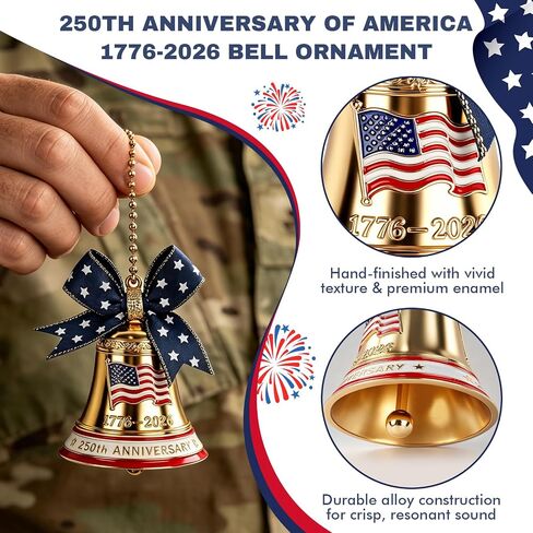 250th Anniversary USA Merchandise, 1776-2026 Bell Ornament and & Commemorative Coin Set with Wooden Gift Box, Independence Day Collectible for Home, Office, Holiday, Memorial Gift in Kuwait