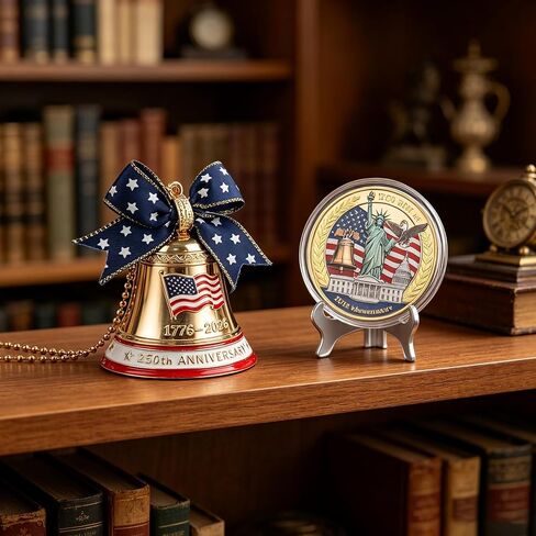 250th Anniversary USA Merchandise, 1776-2026 Bell Ornament and & Commemorative Coin Set with Wooden Gift Box, Independence Day Collectible for Home, Office, Holiday, Memorial Gift in Kuwait