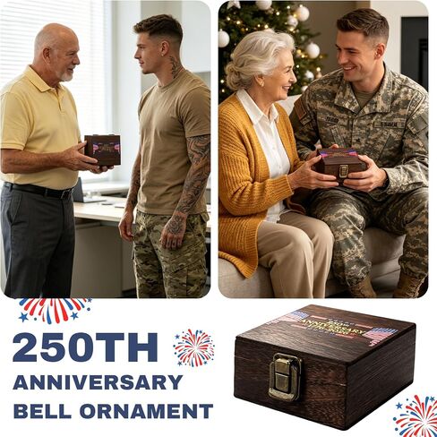 250th Anniversary USA Merchandise, 1776-2026 Bell Ornament and & Commemorative Coin Set with Wooden Gift Box, Independence Day Collectible for Home, Office, Holiday, Memorial Gift in Kuwait