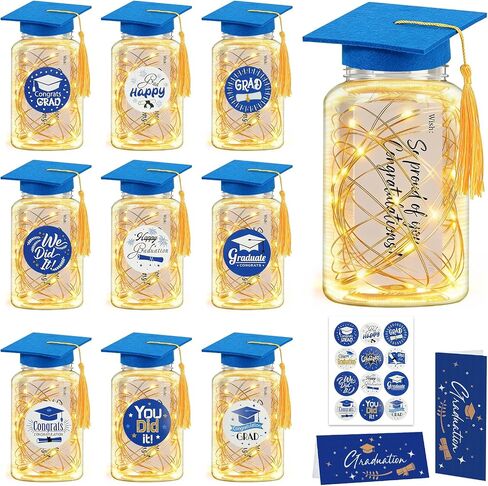 9 Pcs Graduation Centerpieces for Tables with LED Lights, Class of 2026 Graduation Tables Decorations, Mason Jar Style Table Decor with String Lights, Caps, Notes Cards, Stickers & Adhesive Spots in Saudi Arabia