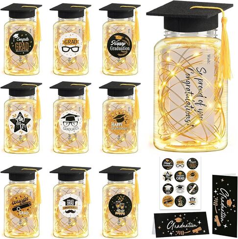 9 Pcs Graduation Centerpieces for Tables with LED Lights, Class of 2026 Graduation Tables Decorations, Mason Jar Style Table Decor with String Lights, Caps, Notes Cards, Stickers & Adhesive Spots in Kuwait