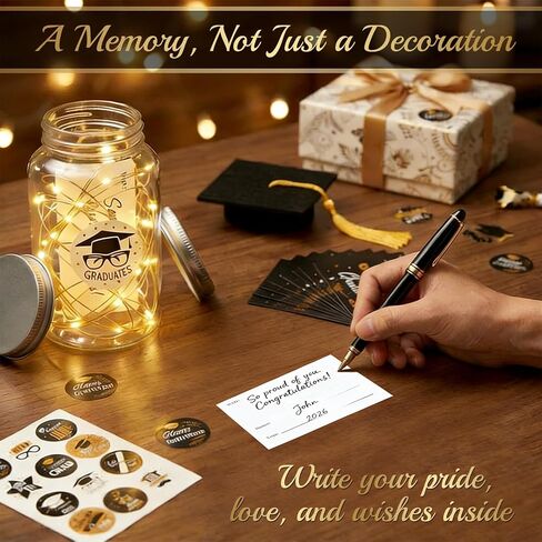 9 Pcs Graduation Centerpieces for Tables with LED Lights, Class of 2026 Graduation Tables Decorations, Mason Jar Style Table Decor with String Lights, Caps, Notes Cards, Stickers & Adhesive Spots in Kuwait