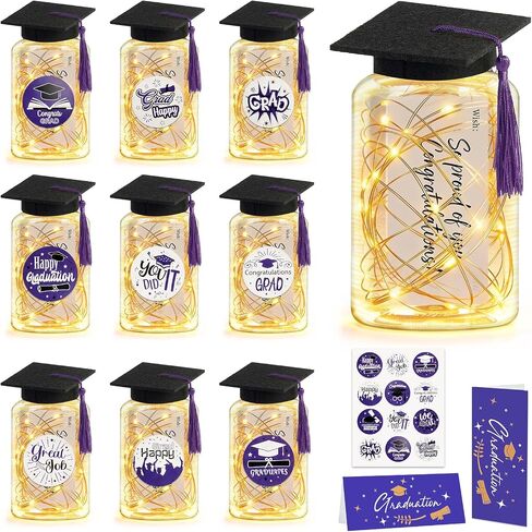 9 Pcs Graduation Centerpieces for Tables with LED Lights, Class of 2026 Graduation Tables Decorations, Mason Jar Style Table Decor with String Lights, Caps, Notes Cards, Stickers & Adhesive Spots in Kuwait