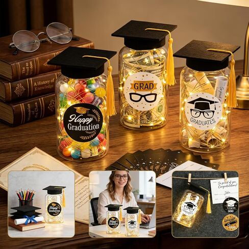9 Pcs Graduation Centerpieces for Tables with LED Lights, Class of 2026 Graduation Tables Decorations, Mason Jar Style Table Decor with String Lights, Caps, Notes Cards, Stickers & Adhesive Spots in Kuwait