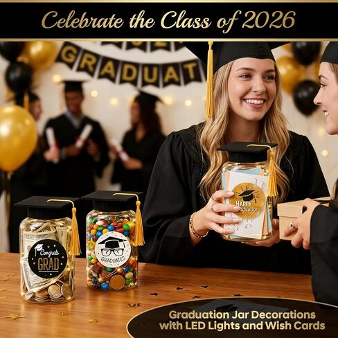 9 Pcs Graduation Centerpieces for Tables with LED Lights, Class of 2026 Graduation Tables Decorations, Mason Jar Style Table Decor with String Lights, Caps, Notes Cards, Stickers & Adhesive Spots in Kuwait