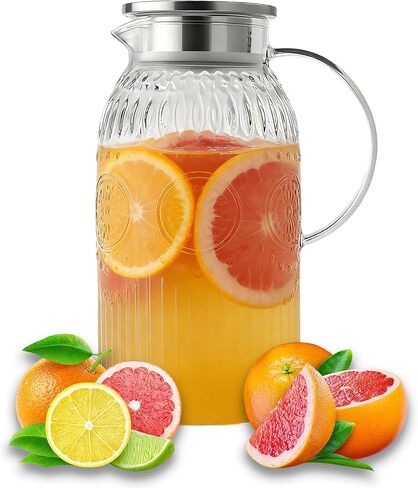 1Pack Vintage Glass Pitcher with Lid 50 oz (1.5 Liter) Heat Resistant Borosilicate Water Jug Carafe with Handle and Spout for Hot/Cold Coffee Tea Juice Lemonade –Ideal for Fridge Party Home Restaurant in Saudi Arabia