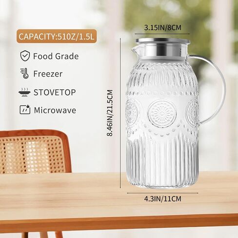 1Pack Vintage Glass Pitcher with Lid 50 oz (1.5 Liter) Heat Resistant Borosilicate Water Jug Carafe with Handle and Spout for Hot/Cold Coffee Tea Juice Lemonade –Ideal for Fridge Party Home Restaurant in Saudi Arabia