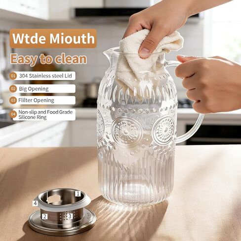 1Pack Vintage Glass Pitcher with Lid 50 oz (1.5 Liter) Heat Resistant Borosilicate Water Jug Carafe with Handle and Spout for Hot/Cold Coffee Tea Juice Lemonade –Ideal for Fridge Party Home Restaurant in Saudi Arabia