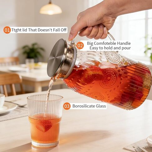 1Pack Vintage Glass Pitcher with Lid 50 oz (1.5 Liter) Heat Resistant Borosilicate Water Jug Carafe with Handle and Spout for Hot/Cold Coffee Tea Juice Lemonade –Ideal for Fridge Party Home Restaurant in Saudi Arabia