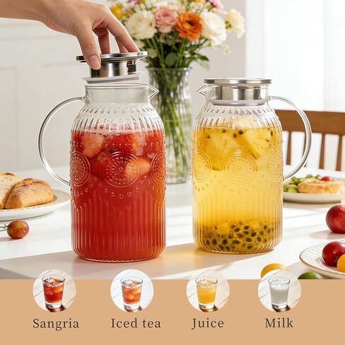 1Pack Vintage Glass Pitcher with Lid 50 oz (1.5 Liter) Heat Resistant Borosilicate Water Jug Carafe with Handle and Spout for Hot/Cold Coffee Tea Juice Lemonade –Ideal for Fridge Party Home Restaurant in Saudi Arabia