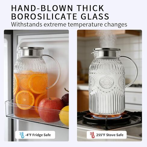 1Pack Vintage Glass Pitcher with Lid 50 oz (1.5 Liter) Heat Resistant Borosilicate Water Jug Carafe with Handle and Spout for Hot/Cold Coffee Tea Juice Lemonade –Ideal for Fridge Party Home Restaurant in Saudi Arabia