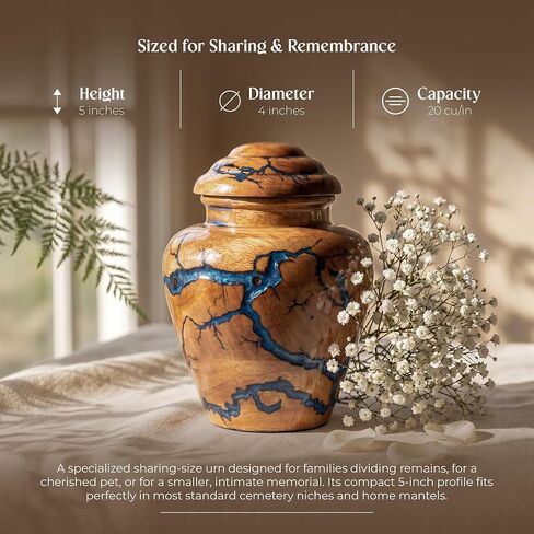 Small Keepsake Urn for Human Ashes Adult - Handcrafted Wooden Mini Urn (20 Cubic Inches) - Blue Decorative Memorial Cremation Urn for Men & Women - Keepsake Urns for Sharing Ashes in Saudi Arabia