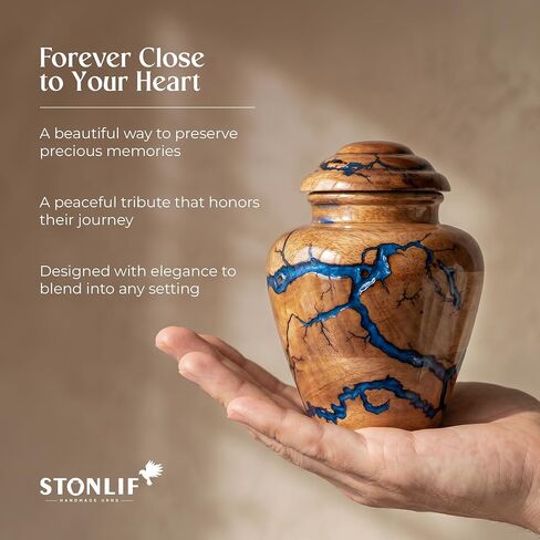 Small Keepsake Urn for Human Ashes Adult - Handcrafted Wooden Mini Urn (20 Cubic Inches) - Blue Decorative Memorial Cremation Urn for Men & Women - Keepsake Urns for Sharing Ashes in Saudi Arabia
