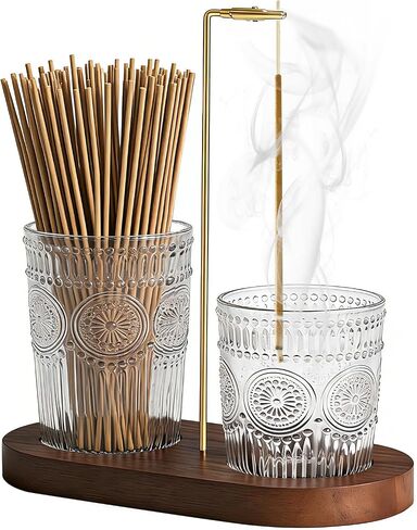 2 in 1 Incense Holder for Sticks, Vintage Glass Upside Down Incense Burner with Removable Ash Catcher & Solid Wood Base, Anti-Ash Flying Catcher for Meditation, Yoga, Spa & Home Decor- Brown in Kuwait