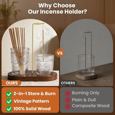 2 in 1 Incense Holder for Sticks, Vintage Glass Upside Down Incense Burner with Removable Ash Catcher & Solid Wood Base, Anti-Ash Flying Catcher for Meditation, Yoga, Spa & Home Decor- Brown in Kuwait