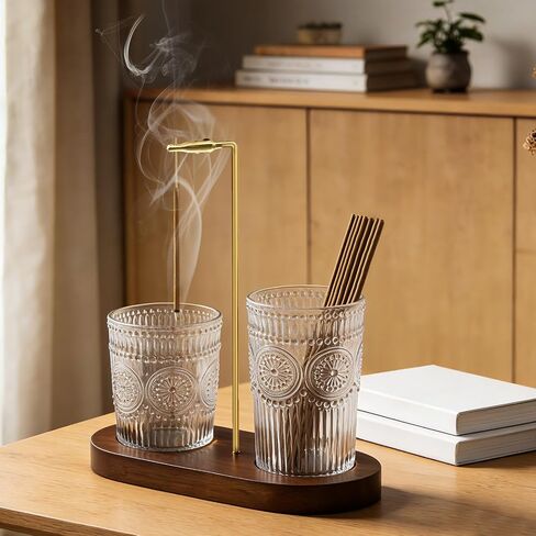 2 in 1 Incense Holder for Sticks, Vintage Glass Upside Down Incense Burner with Removable Ash Catcher & Solid Wood Base, Anti-Ash Flying Catcher for Meditation, Yoga, Spa & Home Decor- Brown in Saudi Arabia