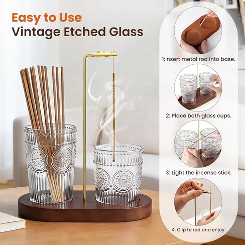 2 in 1 Incense Holder for Sticks, Vintage Glass Upside Down Incense Burner with Removable Ash Catcher & Solid Wood Base, Anti-Ash Flying Catcher for Meditation, Yoga, Spa & Home Decor- Brown in Kuwait