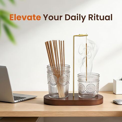 2 in 1 Incense Holder for Sticks, Vintage Glass Upside Down Incense Burner with Removable Ash Catcher & Solid Wood Base, Anti-Ash Flying Catcher for Meditation, Yoga, Spa & Home Decor- Brown in Kuwait
