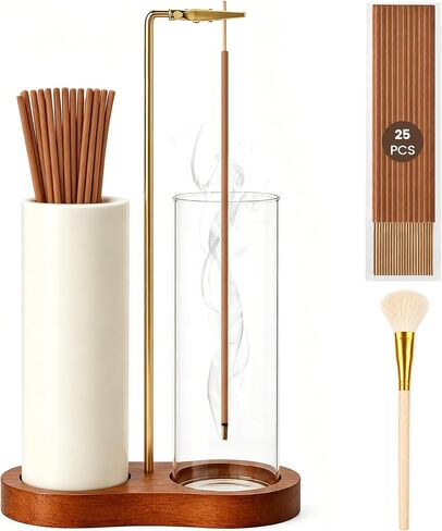 2 in 1 Incense Holder with Glass Ash Catcher, Ceramic Storage Jar, 25 Incense Sticks & Ash Brush, Ideal for Meditation, Yoga, Spa & Home Decor in Kuwait
