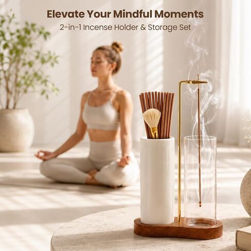 2 in 1 Incense Holder with Glass Ash Catcher, Ceramic Storage Jar, 25 Incense Sticks & Ash Brush, Ideal for Meditation, Yoga, Spa & Home Decor in Kuwait