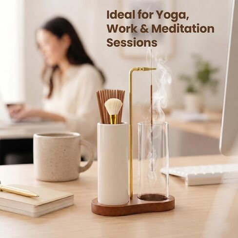 2 in 1 Incense Holder with Glass Ash Catcher, Ceramic Storage Jar, 25 Incense Sticks & Ash Brush, Ideal for Meditation, Yoga, Spa & Home Decor in Kuwait