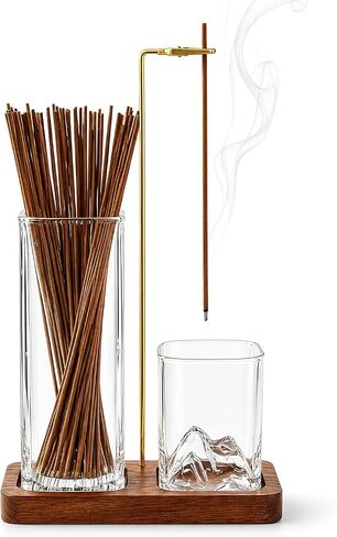 Incense Holder for Sticks, 2 in 1 Glass Incense Burner with Storage, Solid Sapele Wood Base, Removable Mountain Ash Catcher, Vertical Windproof Stand for Outdoor, Meditation (Dark Walnut) in Saudi Arabia