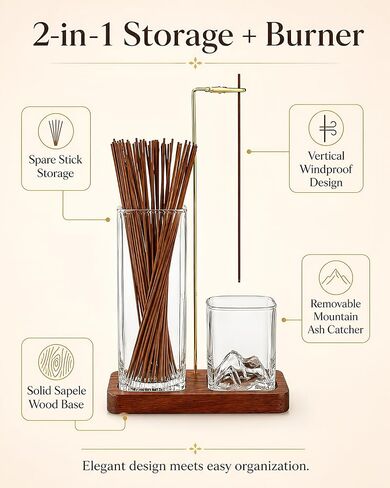 Incense Holder for Sticks, 2 in 1 Glass Incense Burner with Storage, Solid Sapele Wood Base, Removable Mountain Ash Catcher, Vertical Windproof Stand for Outdoor, Meditation (Dark Walnut) in Saudi Arabia