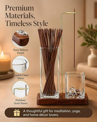 Incense Holder for Sticks, 2 in 1 Glass Incense Burner with Storage, Solid Sapele Wood Base, Removable Mountain Ash Catcher, Vertical Windproof Stand for Outdoor, Meditation (Dark Walnut) in Saudi Arabia